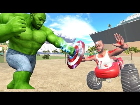 Green Hulk-like superhero striking a shield, facing a man in a red toy monster truck.