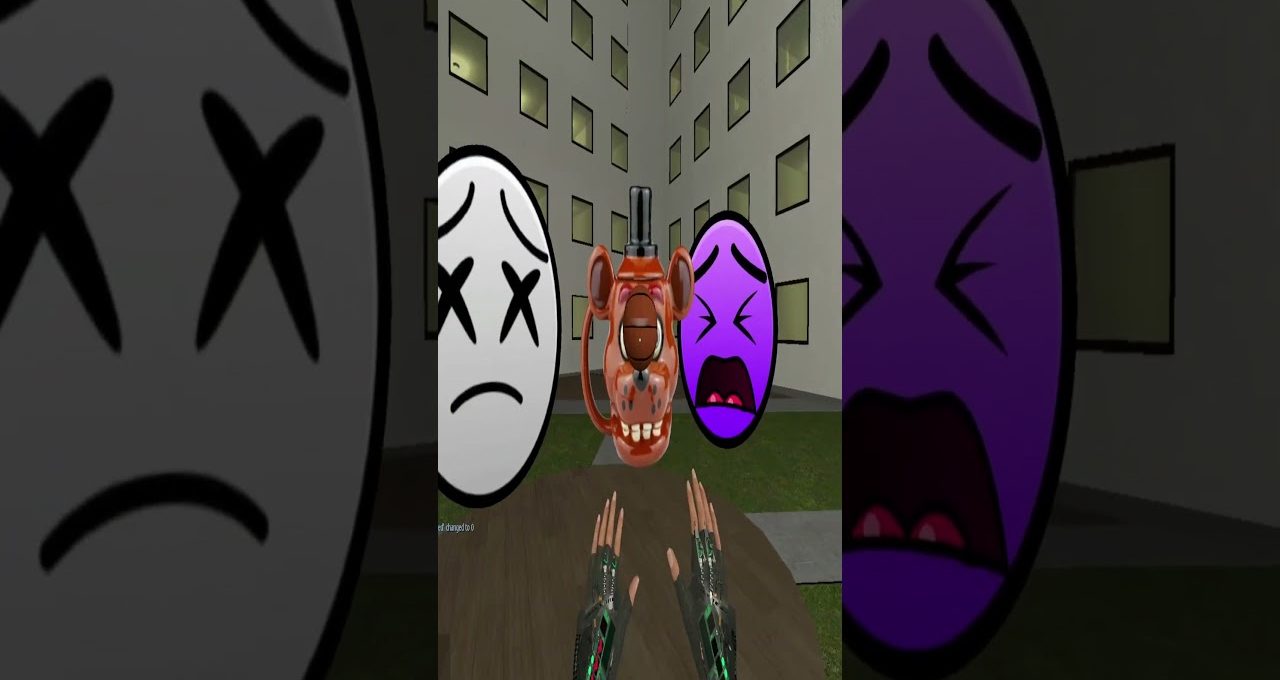 VR view of robotic hands facing a floating animatronic head between two emoji faces