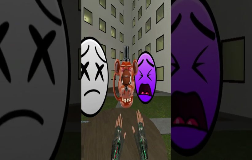 VR view of robotic hands facing a floating animatronic head between two emoji faces