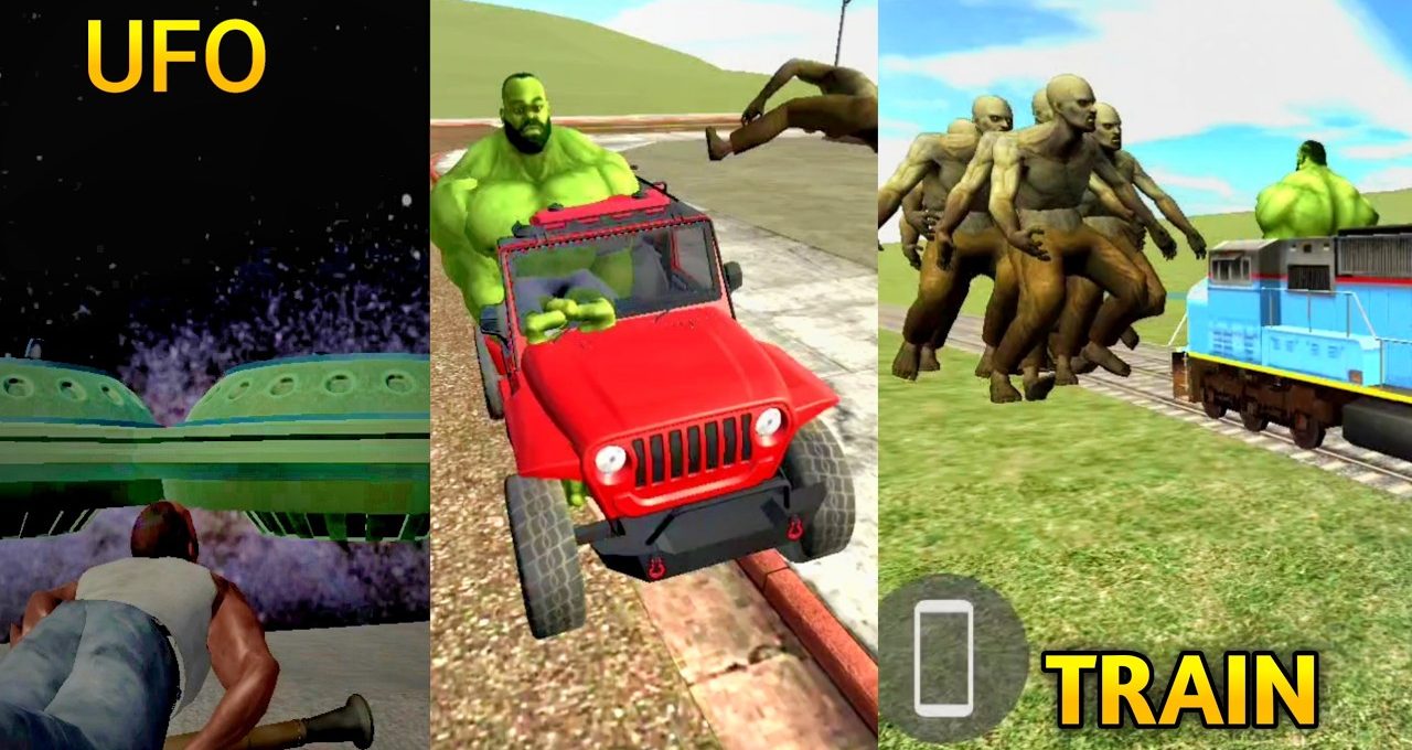 Three-panel game collage showing UFO, hulking green character with red jeep, and train.