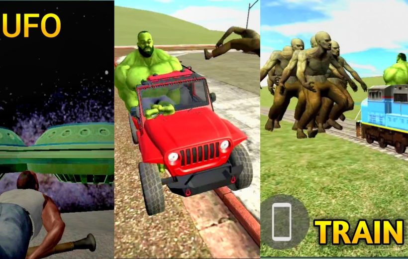 Three-panel game collage showing UFO, hulking green character with red jeep, and train.