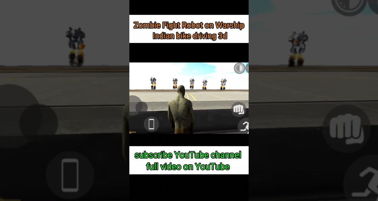 Third-person view of a zombie character facing robots on a warship deck game.