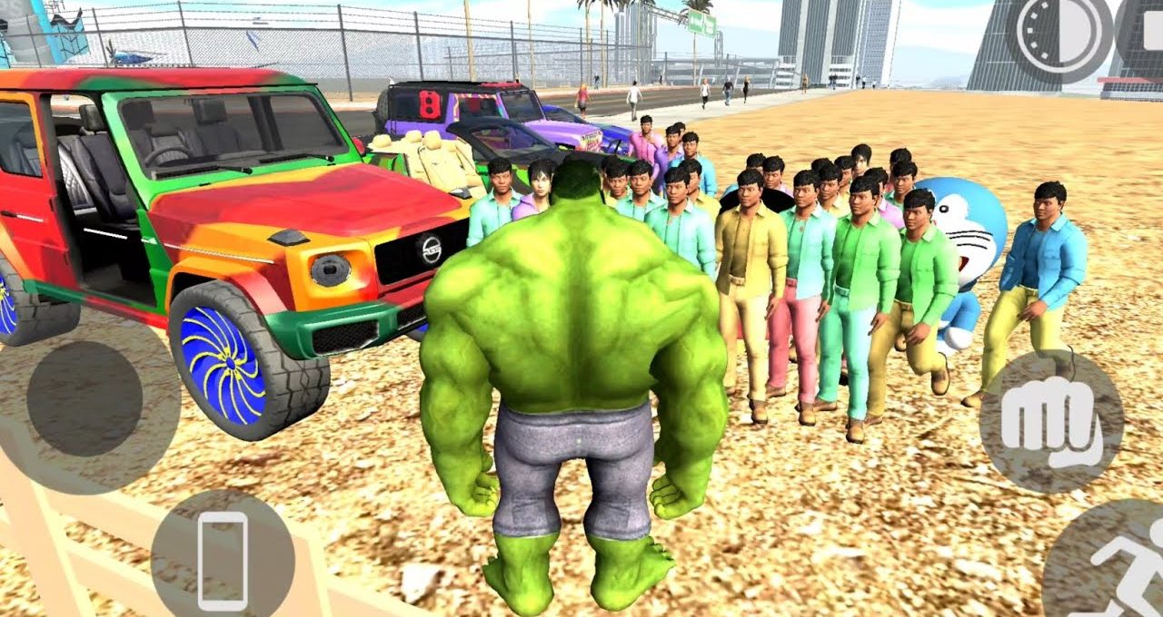 Green muscular superhero stands facing a crowd of colorful civilians and parked cars