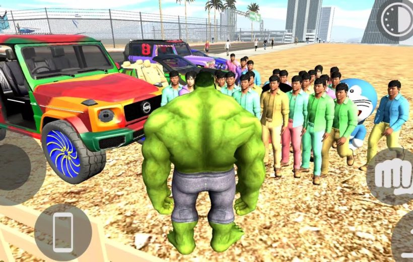 Green muscular superhero stands facing a crowd of colorful civilians and parked cars