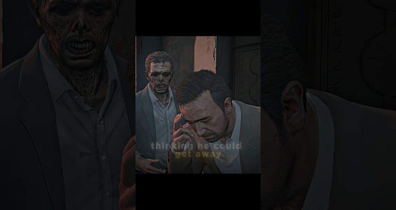 Man in suit holding head while a zombie-like figure looms threateningly behind him.