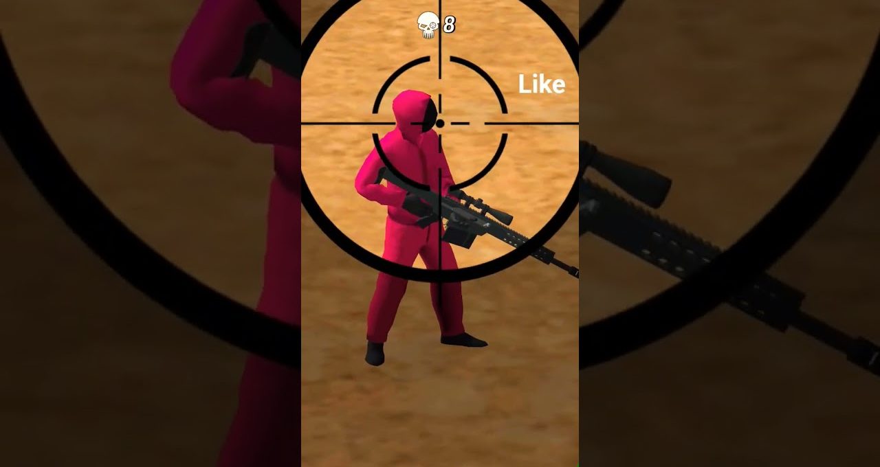 Soldier in pink suit holding a sniper rifle seen through gun scope crosshairs