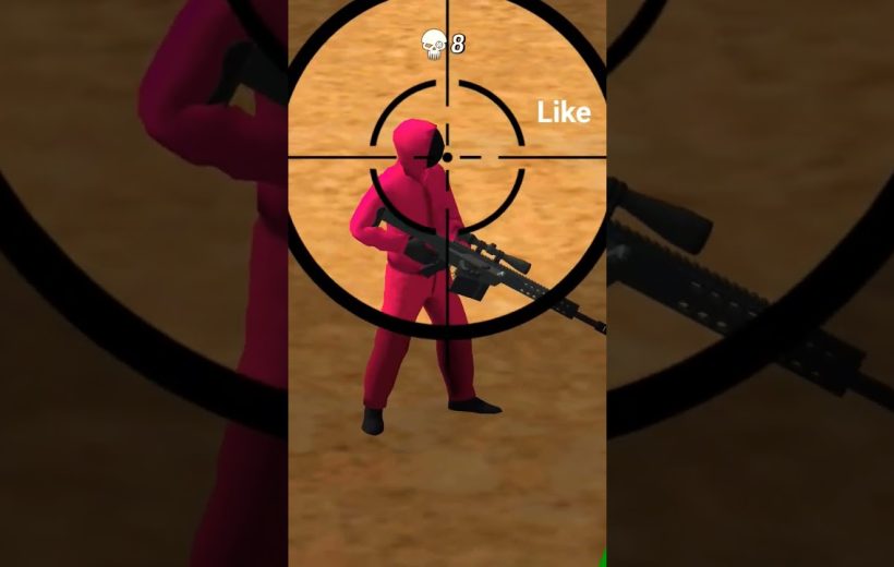 Soldier in pink suit holding a sniper rifle seen through gun scope crosshairs