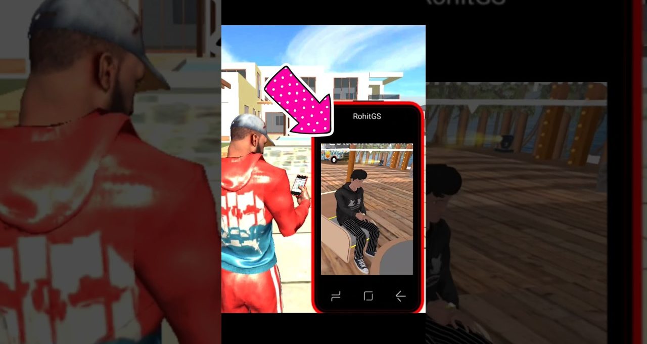 Man in red hoodie checking phone showing a gaming avatar sitting on a dock.
