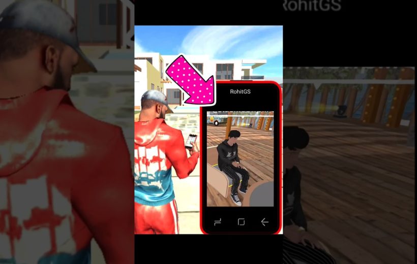 Man in red hoodie checking phone showing a gaming avatar sitting on a dock.