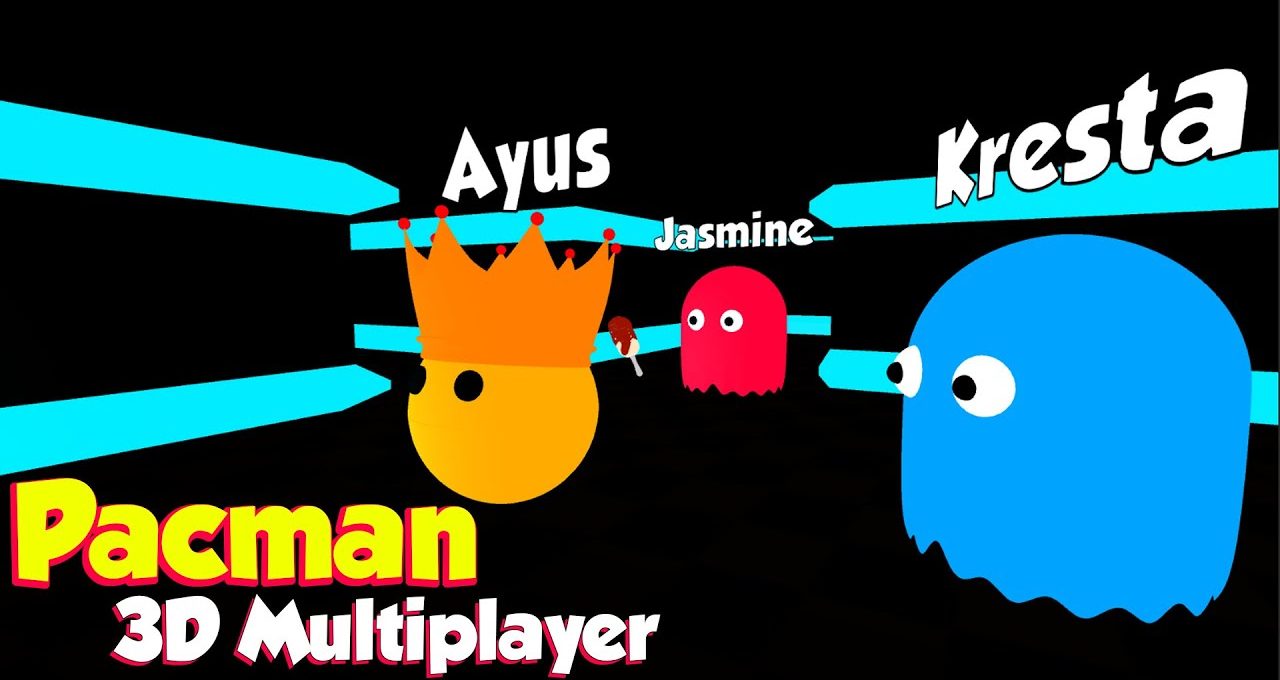 Colorful 3D Pac-Man characters with crown, ghosts, and player names in arena