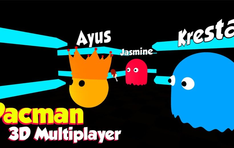 Colorful 3D Pac-Man characters with crown, ghosts, and player names in arena
