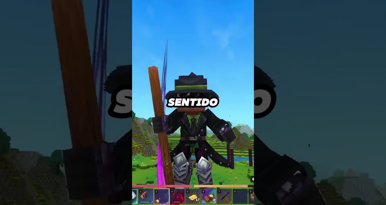 Masked Minecraft-style character holding a staff and sword in grassy voxel landscape labeled "SENTIDO"