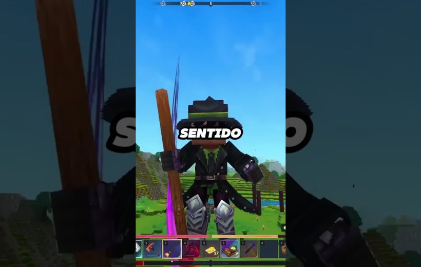 Masked Minecraft-style character holding a staff and sword in grassy voxel landscape labeled "SENTIDO"