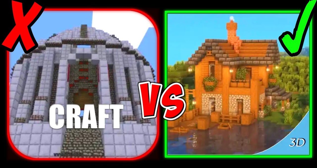 Split image comparing a blocky gray Minecraft dome versus a detailed wooden lakeside cottage.