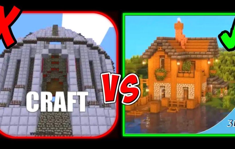 Split image comparing a blocky gray Minecraft dome versus a detailed wooden lakeside cottage.