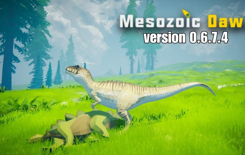 Light-colored theropod dinosaur standing over a fallen armored dinosaur in grassy meadow