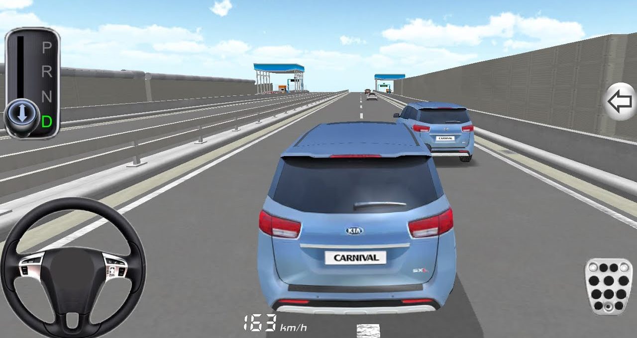 Third-person driving view of blue SUVs on a highway with toll booths ahead