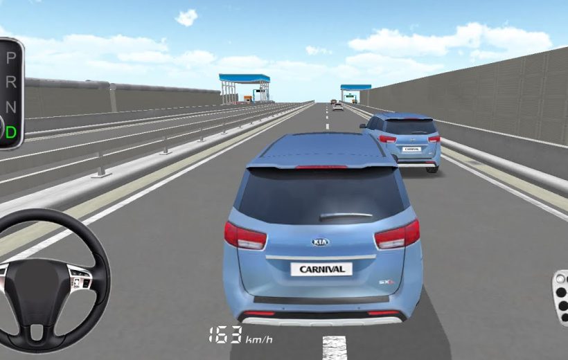 Third-person driving view of blue SUVs on a highway with toll booths ahead