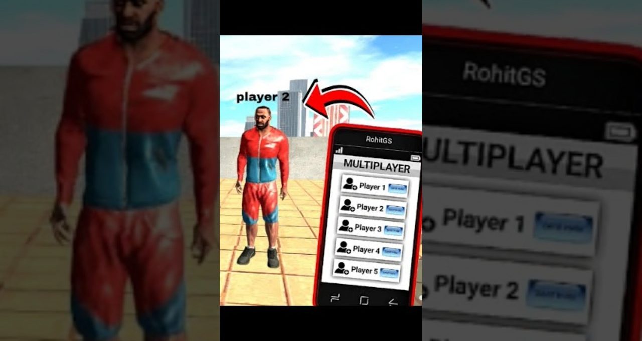 Game character in red-blue tracksuit standing on rooftop next to smartphone multiplayer menu