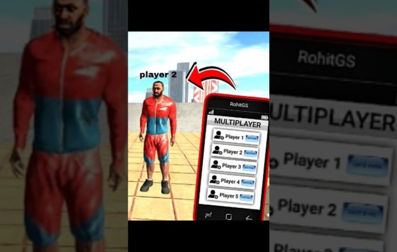 Game character in red-blue tracksuit standing on rooftop next to smartphone multiplayer menu