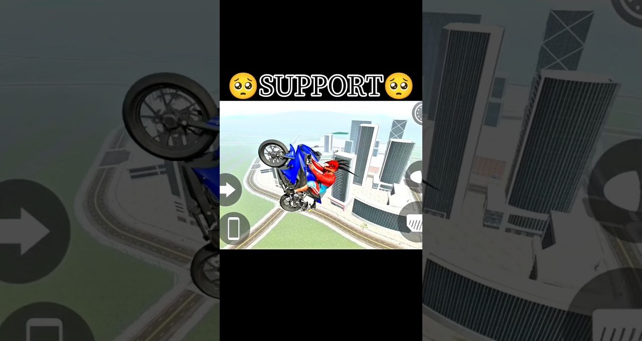 Motorcycle rider performing midair wheelie over city skyscrapers in a mobile game screenshot