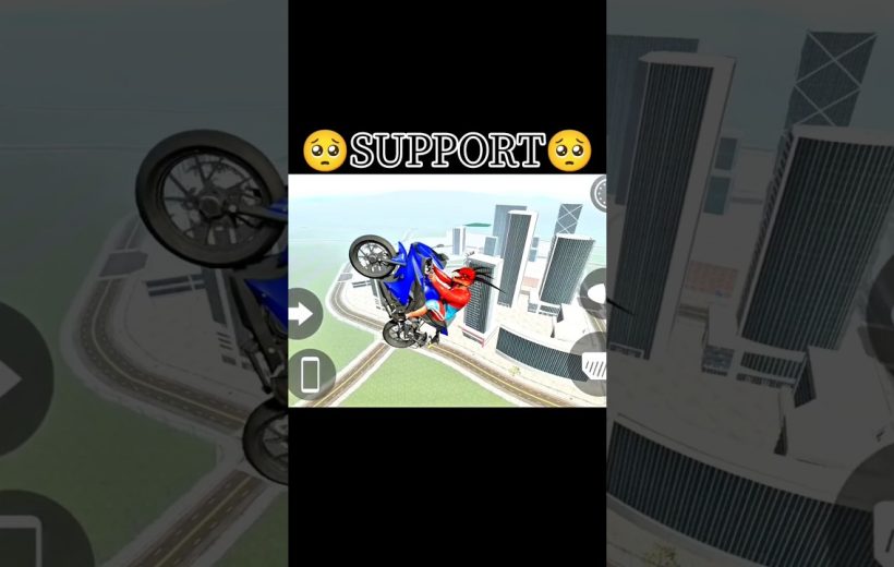 Motorcycle rider performing midair wheelie over city skyscrapers in a mobile game screenshot