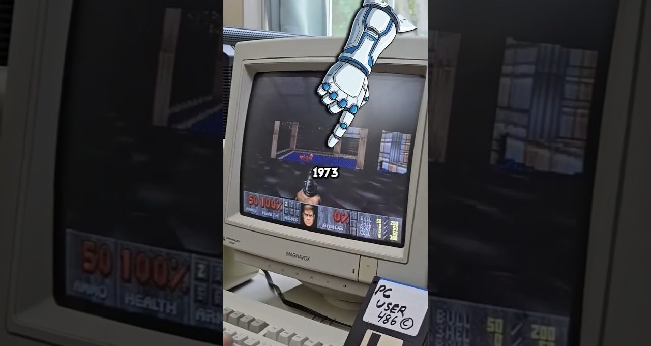 CRT monitor displaying classic Doom gameplay with a floppy disk labeled "PC USER 486"