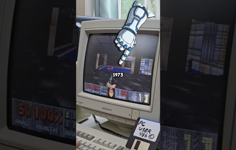 CRT monitor displaying classic Doom gameplay with a floppy disk labeled "PC USER 486"