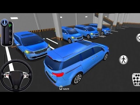 Blue minivan navigating a multi-level parking garage with several parked blue cars
