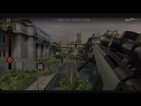 First-person shooter view aiming a sniper rifle down an overgrown urban street.