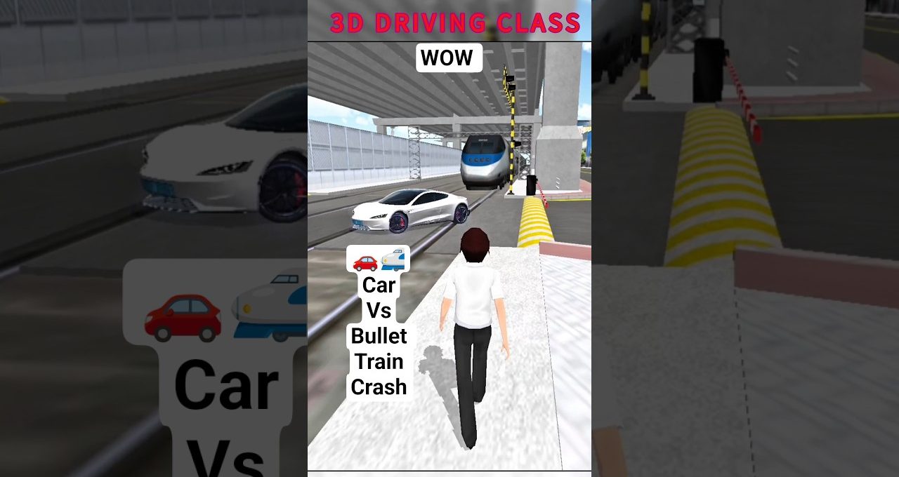 Person walking toward a white sports car and approaching bullet train on tracks