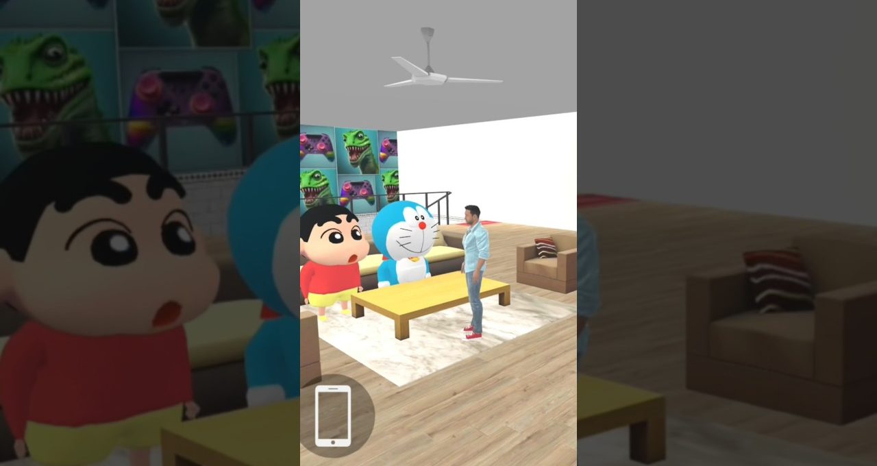 Man talking to large cartoon characters Shin-chan and Doraemon in a living room