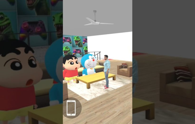 Man talking to large cartoon characters Shin-chan and Doraemon in a living room