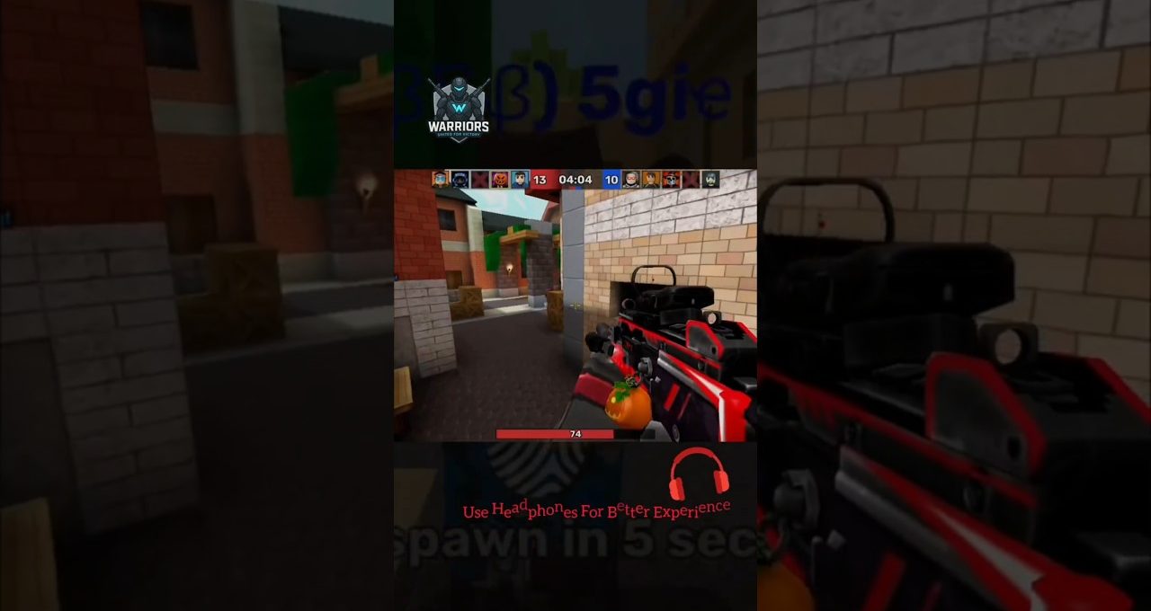 First-person shooter gameplay scene showing a red-and-black rifle aiming down a brick alley