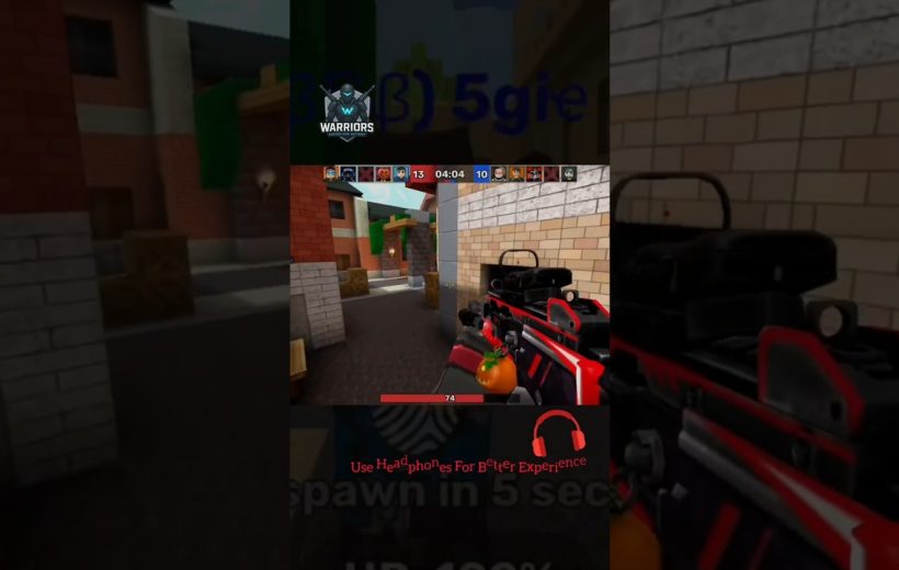 First-person shooter gameplay scene showing a red-and-black rifle aiming down a brick alley