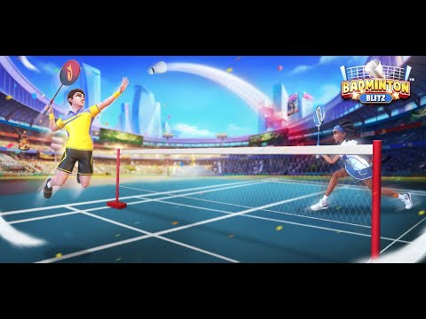 Two badminton players mid-match in a bright stadium with shuttlecock flight.