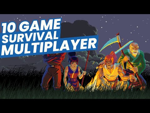 Four colorful fantasy survivors with weapons crouch in grass under a starry sky