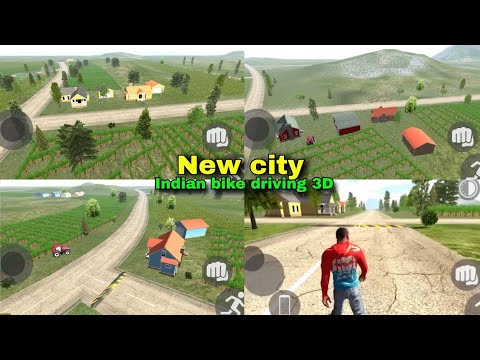 Four split-screen views of a rural 3D biking game labeled "New city"