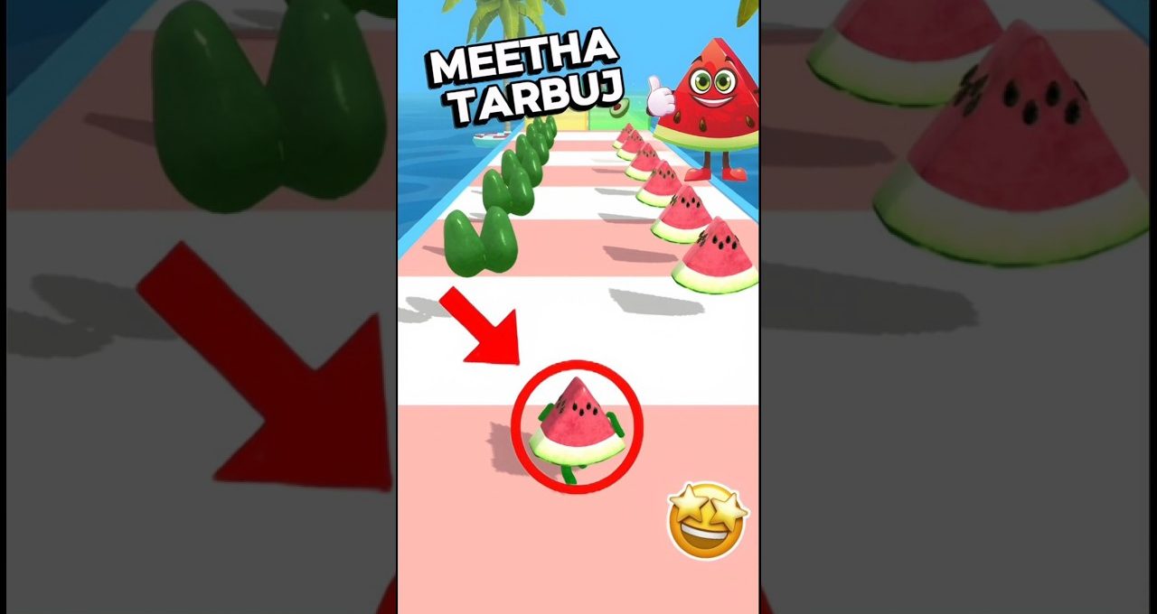 Cartoon watermelon slices racing on a seaside obstacle course with palm trees and arrow