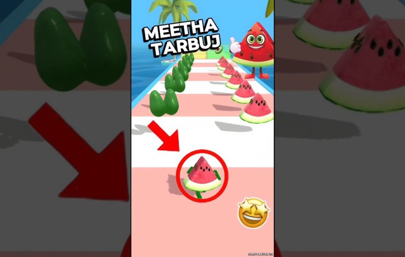 Cartoon watermelon slices racing on a seaside obstacle course with palm trees and arrow