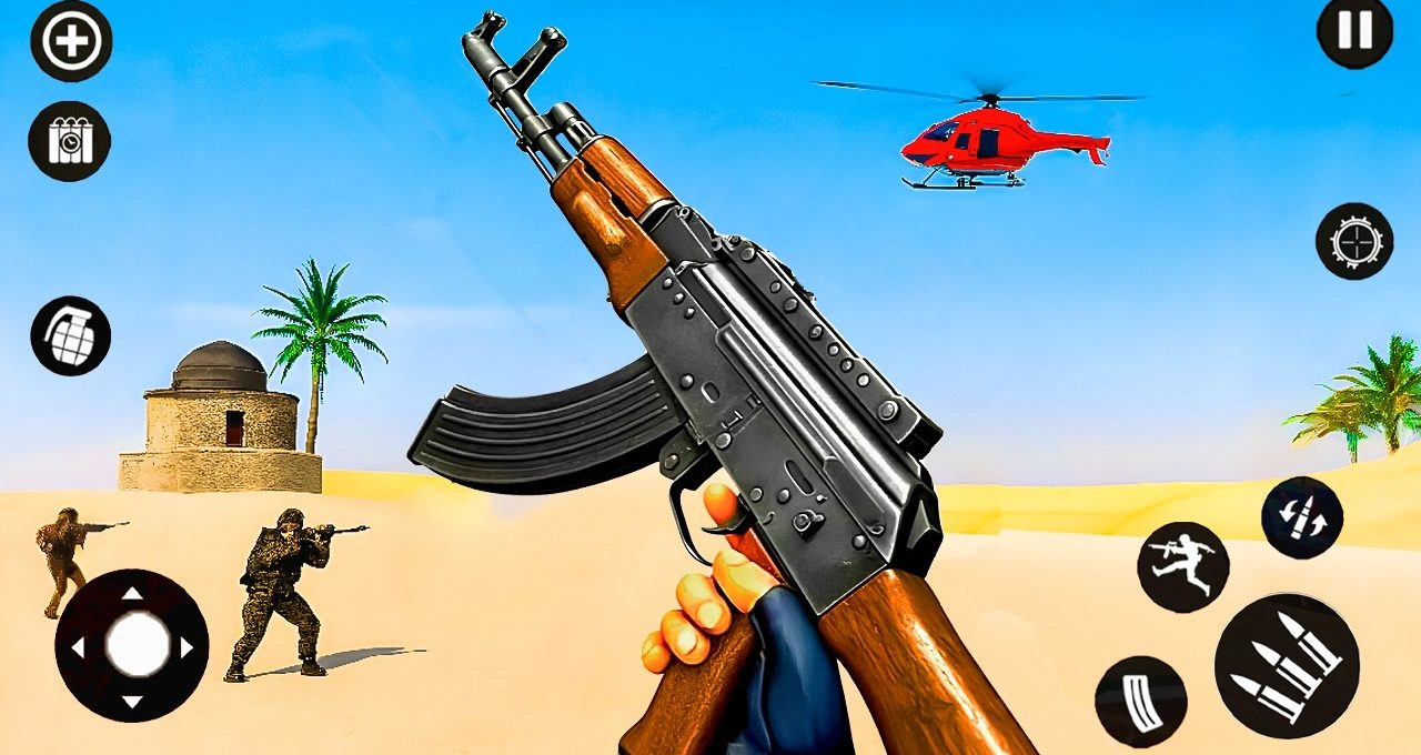 First-person view holding an assault rifle in a desert combat game scene