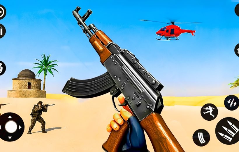 First-person view holding an assault rifle in a desert combat game scene