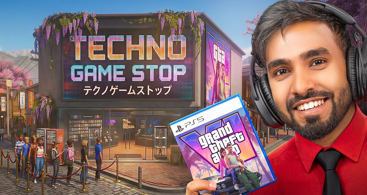 Smiling man with headset holding a PS5 Grand Theft Auto V game outside Techno Game Stop