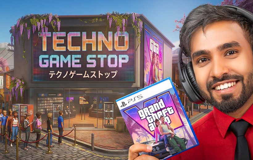 Smiling man with headset holding a PS5 Grand Theft Auto V game outside Techno Game Stop