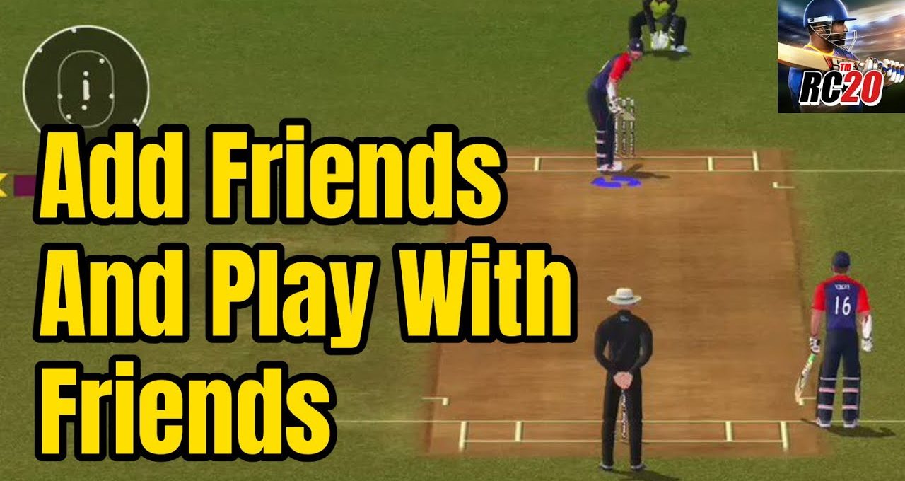 Cricket video game screenshot showing bowler, batsman, umpire, and large "Add Friends" text