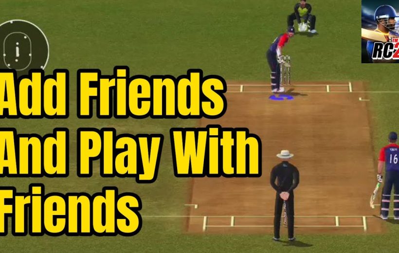 Cricket video game screenshot showing bowler, batsman, umpire, and large "Add Friends" text
