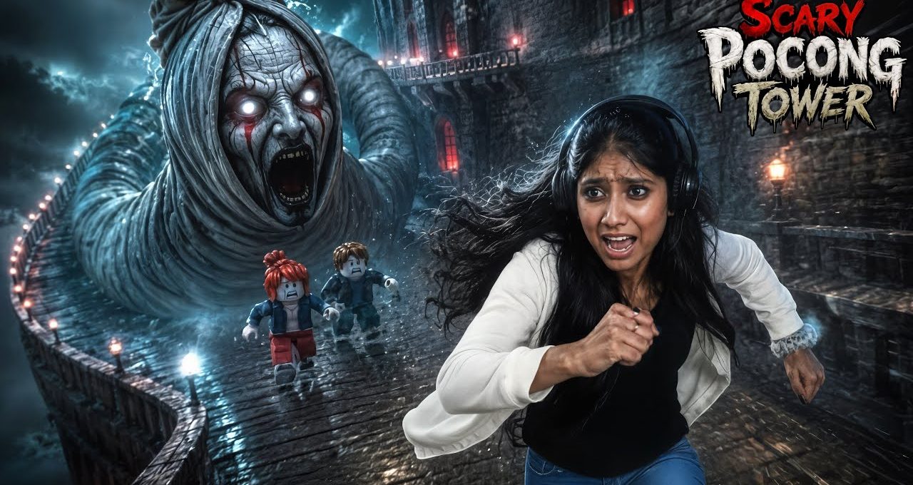 Woman running in terror from a giant ghostly Pocong creature on a stone bridge