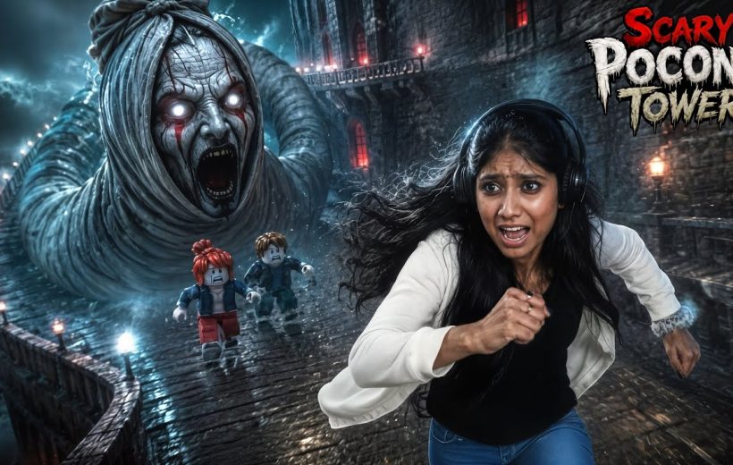 Woman running in terror from a giant ghostly Pocong creature on a stone bridge