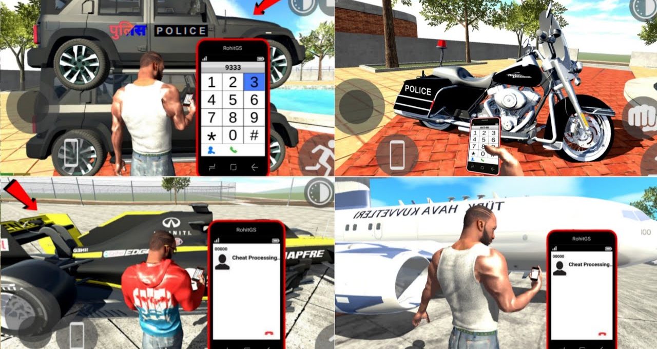 Game scenes collage showing a character interacting with police vehicles, motorcycle, car, and airplane