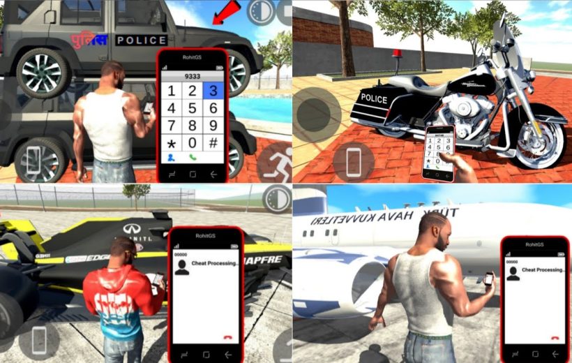 Game scenes collage showing a character interacting with police vehicles, motorcycle, car, and airplane